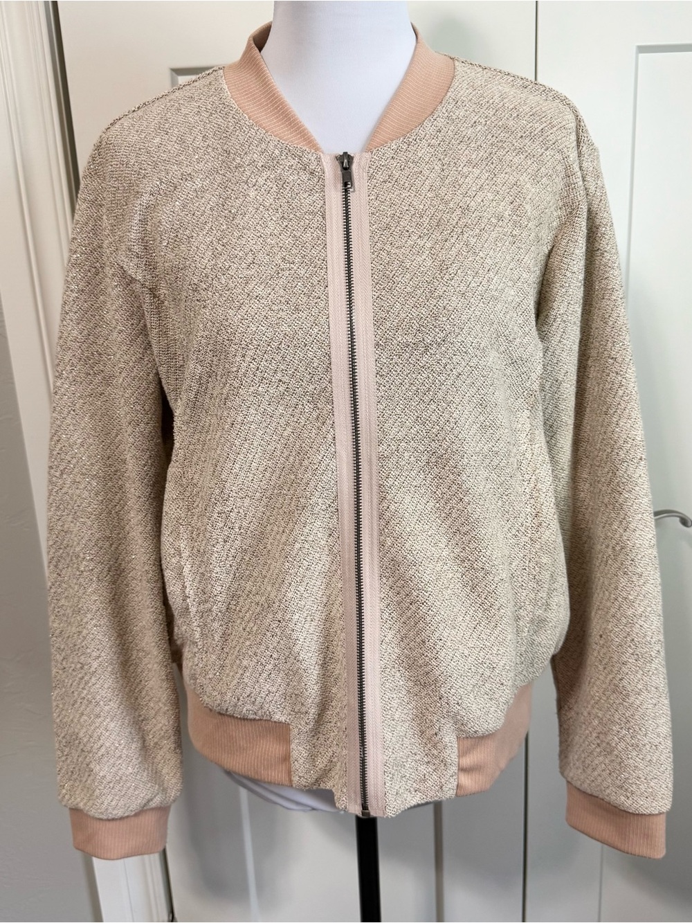 Mystree Metallic Chevron Textured Knit Bomber Jacket Size Large